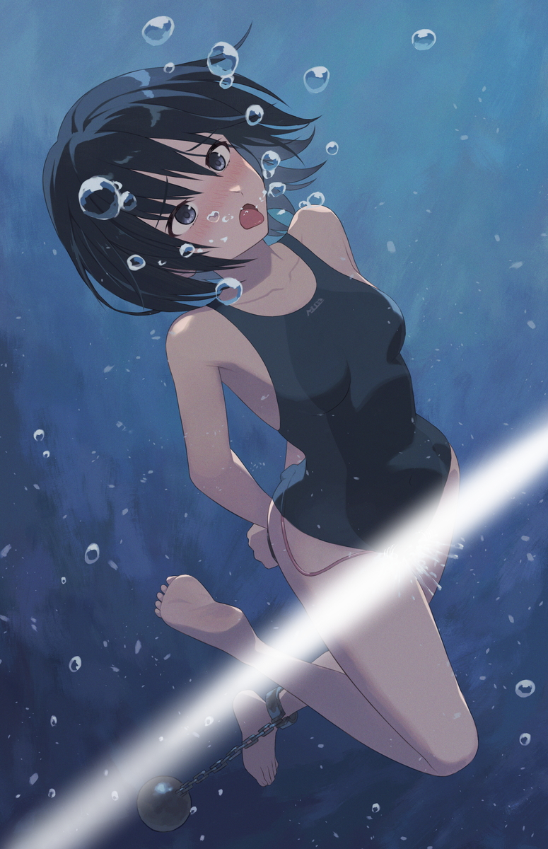 1girl air_bubble amagami asphyxiation ball_and_chain_restraint barefoot black_eyes black_hair black_one-piece_swimsuit blue_one-piece_swimsuit botan_m bound bound_wrists bubble collarbone commentary_request competition_swimsuit drowning egg_vibrator full_body highres light_censor nanasaki_ai one-piece_swimsuit open_mouth paid_reward_available pussy_juice restrained sex_toy short_hair sinking soles solo struggling submerged swimsuit tongue tongue_out two-tone_one-piece_swimsuit two-tone_swimsuit underwater vibrator vibrator_under_swimsuit water