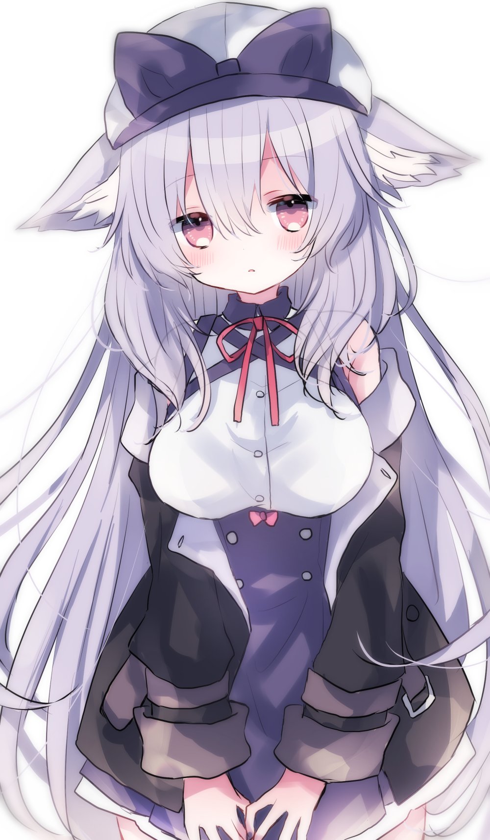 1girl animal_ear_fluff animal_ears bare_shoulders black_jacket blush bow breasts cabbie_hat cat_ears cat_girl cowboy_shot grey_hair hair_between_eyes hat hat_bow high-waist_skirt highres jacket kikyo_(vrchat) large_breasts long_hair long_sleeves looking_at_viewer medium_breasts nayu_(rhododendron) neck_ribbon off_shoulder open_clothes open_jacket parted_lips purple_bow purple_hair purple_ribbon purple_skirt red_eyes red_ribbon ribbon shirt simple_background skirt sleeveless sleeveless_shirt solo thighhighs very_long_hair vrchat white_background white_shirt