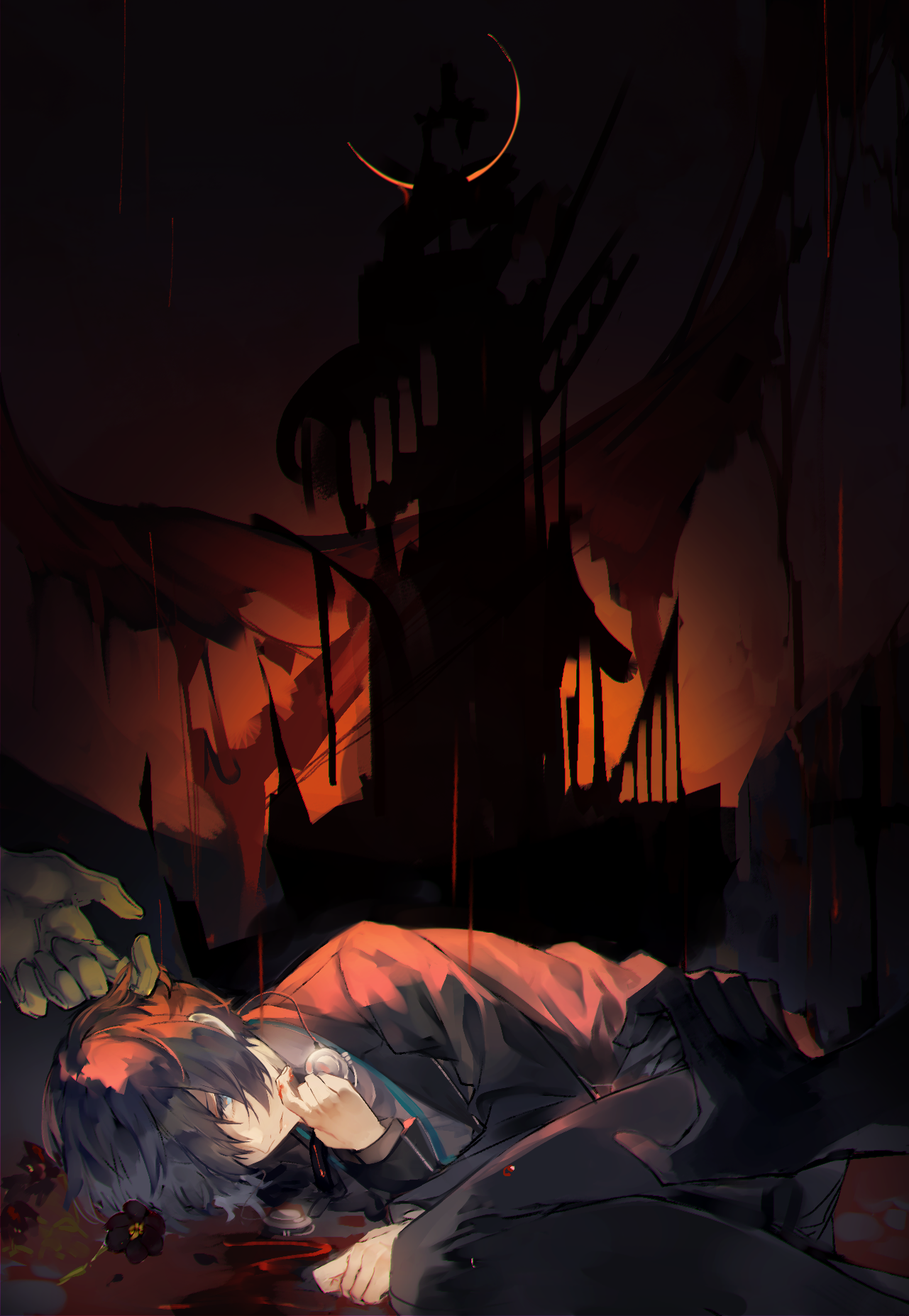 1boy blazer closed_mouth fetal_position grey_eyes grey_hair grey_pants grey_shirt hair_over_one_eye highres jacket long_sleeves lor_(roasyerizyonirapi) lying on_side open_clothes open_jacket outdoors pants persona persona_3 shirt short_hair solo_focus tartarus yuuki_makoto_(persona_3)