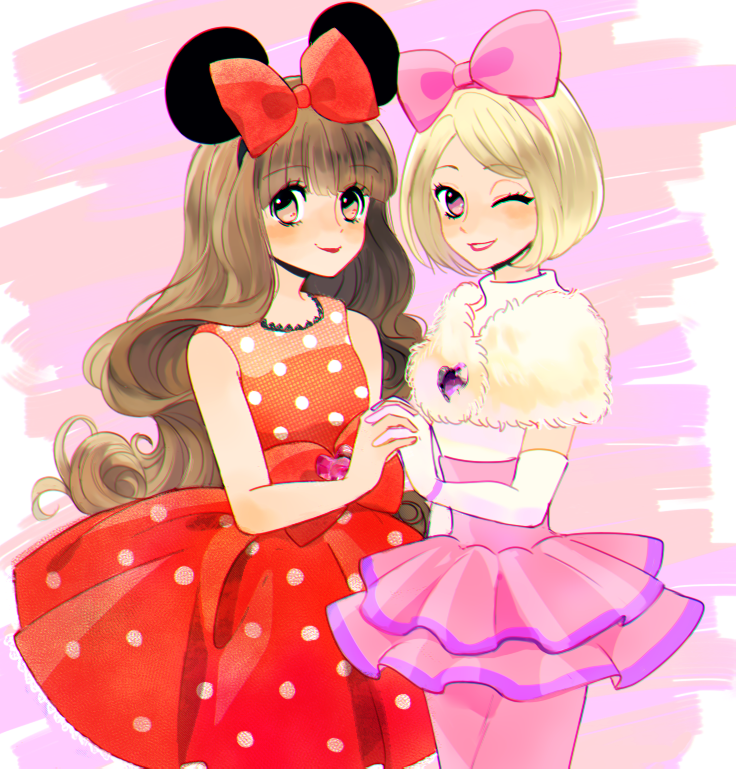 animal_ears blonde_hair bow brown_eyes brown_hair daisy_duck disney dress gloves hair_bow humanization long_hair looking_at_viewer mickey_mouse_&amp;_friends minnie_mouse mouse_ears personification polka_dot puffy_sleeves sarara1119 shirt short_hair short_sleeves smile