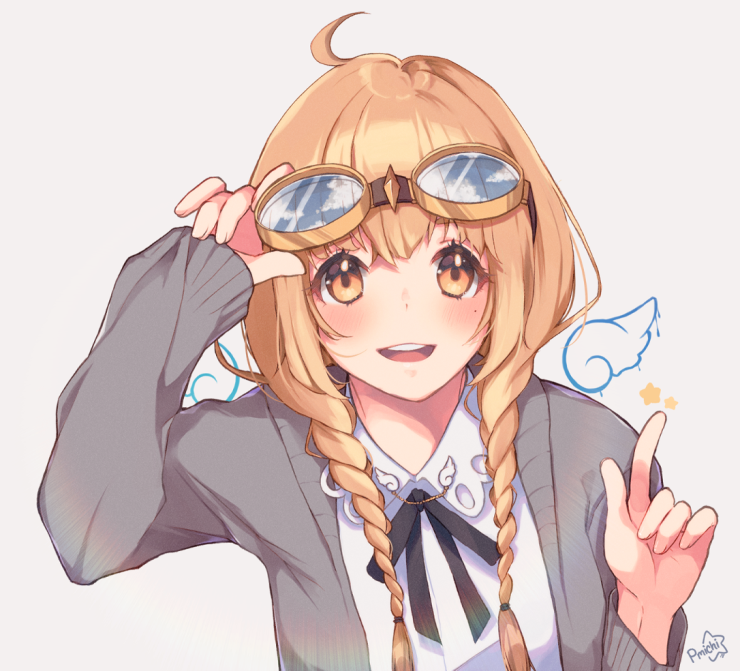 1girl ahoge asagawa_mikan_(peachy_michi) blush braid brown_eyes cardigan female_focus goggles goggles_on_head light_brown_hair long_hair looking_at_viewer mole mole_under_eye open_mouth original signature solo twin_braids upper_body white_background