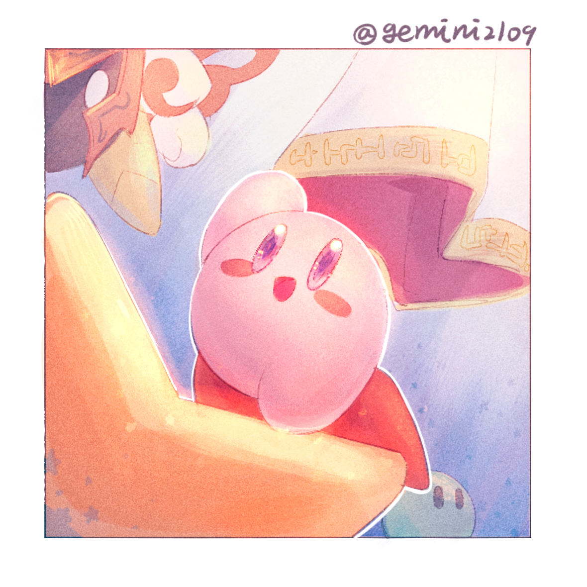 arm_up armor blue_eyes blue_sky blush_stickers border butterfly_wings colored_skin gloves hyness insect_wings kirby kirby_star_allies kirby_(series) morpho_knight nintendo no_humans open_mouth pauldrons pink_skin red_footwear red_mask red_ribbon ribbon robe shoes shoulder_armor sky smile solid_oval_eyes somayumi star_(symbol) sunlight twitter_username void_soul void_termina white_border white_eyes white_gloves white_robe wings