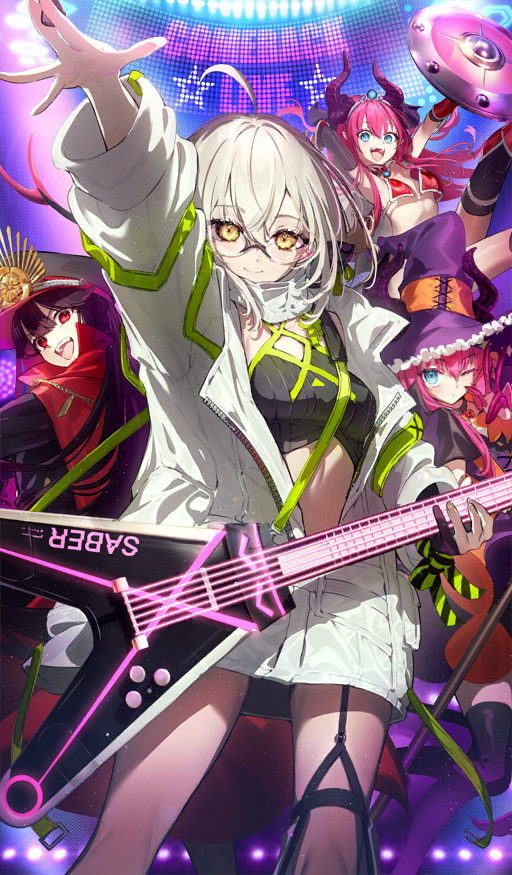 4girls :d ahoge arm_up armor armored_boots armored_gloves artoria_pendragon_(fate) between_fingers bikini_armor black_gloves black_hair black_hat black_shirt black_thighhighs blonde_hair blue_eyes boots breasts cape center-flap_bangs closed_mouth coat commentary_request concert crop_top dot_mouth double-parted_bangs dragon_girl dragon_horns dragon_tail dual_persona elbow_gloves elizabeth_bathory_(brave)_(fate) elizabeth_bathory_(fate) elizabeth_bathory_(halloween_caster)_(fate) english_text fate/grand_order fate_(series) galibo glasses gloves guitar hair_between_eyes halterneck hat holding holding_instrument holding_microphone holding_plectrum holding_shield horns horns_through_headwear instrument leg_up long_sleeves looking_at_viewer microphone midair multiple_girls mysterious_idol_x_alter_(fate) oda_nobunaga_(fate) oda_nobunaga_(koha-ace) oda_uri official_art one_eye_closed open_clothes open_coat open_mouth oversized_clothes partially_unzipped peaked_cap pink_hair plectrum purple_hat purple_horns red_armor red_cape red_eyes retronia_(fate) rimless_eyewear round_eyewear shield shirt sidelocks small_breasts smile standing tail teeth thighhighs third-party_source tiara upper_teeth_only w white_coat witch_hat yellow_eyes zipper