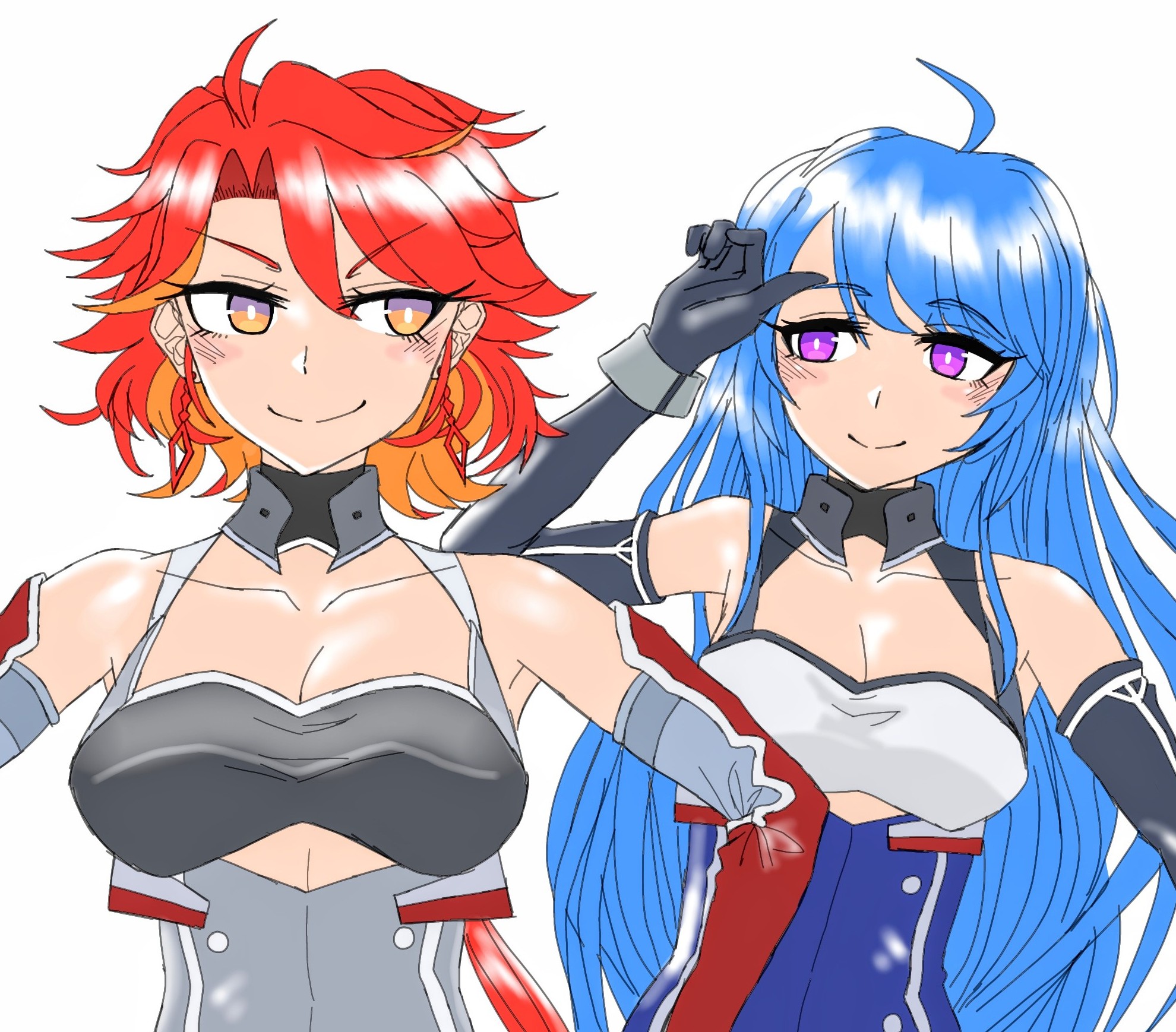 2girls 36rt azur_lane blue_hair breasts cleavage elbow_gloves gloves gluteal_fold hands_on_own_hips helena_(azur_lane) highres looking_at_another multiple_girls orange_eyes phoenix_(azur_lane) purple_eyes red_hair wiping_forehead