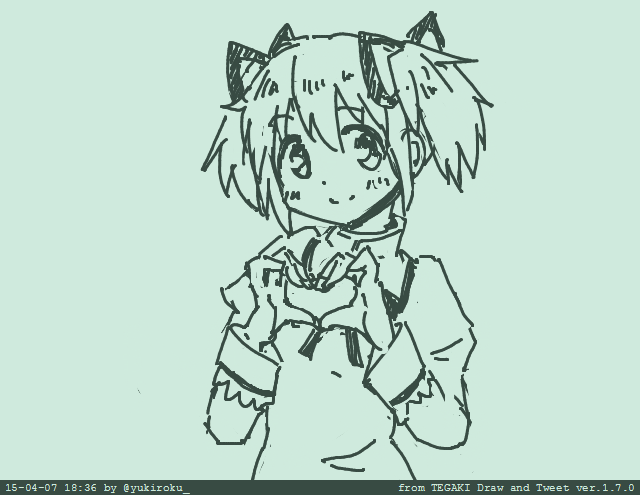 1girl blush dated green_theme greyscale hair_ribbon heart heart_hands juliet_sleeves kaname_madoka long_sleeves looking_at_viewer mahou_shoujo_madoka_magica mahou_shoujo_madoka_magica_(anime) mitakihara_school_uniform monochrome puffy_sleeves ribbon school_uniform short_hair short_twintails simple_background smile solo tegaki tegaki_draw_and_tweet twintails umiroku upper_body white_background