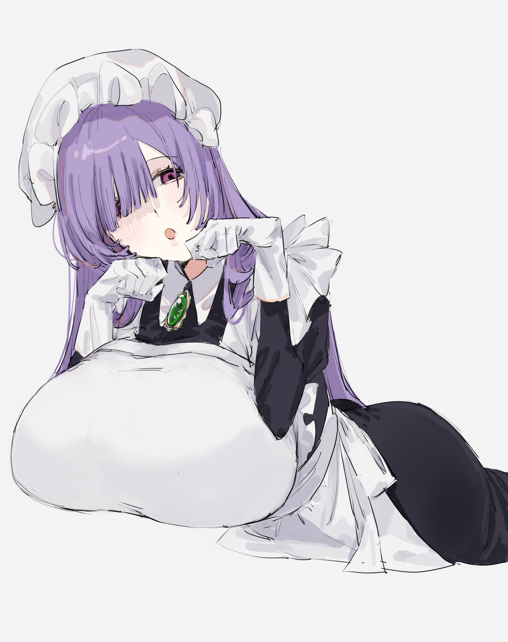 1girl :o apron black_dress blunt_bangs blush borrowed_character breasts commentary contrast_collar dress flipped_sidelocks francoise_(eurasia) frilled_headwear gem gloves green_brooch green_gemstone grey_background hair_over_one_eye hat highres huge_breasts long_sleeves lying maid_apron mob_cap neyaneyashiteru on_stomach original purple_eyes purple_hair simple_background solo white_apron white_gloves white_hat