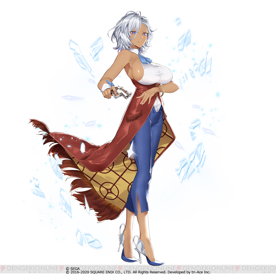 1girl 2016 2020 anastasia_palma aqua_ribbon bare_arms blue_eyes blue_pants bracelet breasts choker collar collared_shirt company_name copyright_notice crystal dark-skinned_female dark_skin dengeki english_text finger_on_trigger floating floating_crystal floating_object formal_clothes game_cg gold_bracelet gun handgun high-waist_skirt high_heels holding holding_gun holding_weapon huge_breasts jewelry lightning_bolt_symbol mature_female medium_hair narrow_waist no_socks official_art pants parted_lips red_skirt ribbon ribbon_choker sakura_taisen second-party_source sega shin_sakura_taisen shirt side_slit sideboob single_sleeve_cuff skirt sleeveless sleeveless_shirt smile solo sparkle standing star_ocean star_ocean_anamnesis stiletto_heels tall_female tight_clothes tight_pants transparent_background two-sided_fabric two-sided_skirt underbust watermark weapon white_collar white_shirt white_sleeve_cuffs wing_collar yaman