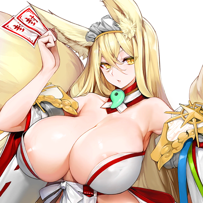 1girl animal_ear_fluff animal_ears areola_slip arm_up armpits bare_shoulders blonde_hair breasts cleavage covered_erect_nipples crossed_bangs detached_collar detached_sleeves eyelashes female_focus fox_ears fox_girl fox_tail game_cg hair_between_eyes headdress high_collar hirume_of_heavenly_incense holding holding_ofuda huge_breasts japanese_clothes kitsune kyuubi large_tail last_origin long_hair looking_at_viewer magatama maid_headdress miko multiple_tails official_art ofuda parted_lips revealing_clothes skindentation slit_pupils snowball22 tail transparent_background upper_body wide_sleeves yellow_eyes