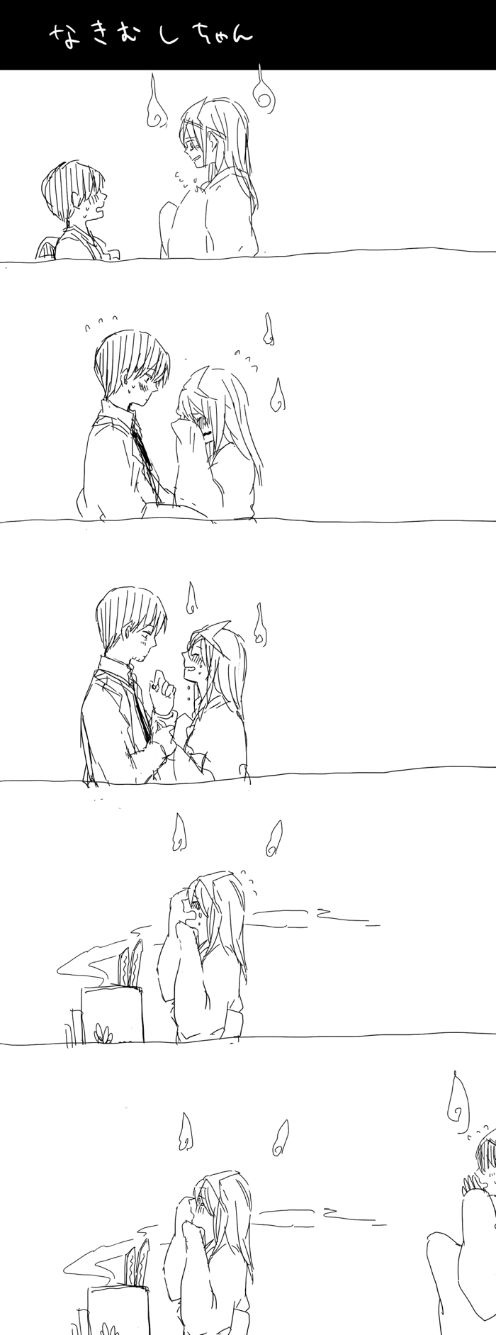 1boy 1girl age_progression comic couple ghost grave greyscale hetero highres hitodama long_hair monochrome monochrome original ponko_(popopoponko) popopoponko short_hair tears triangular_headpiece