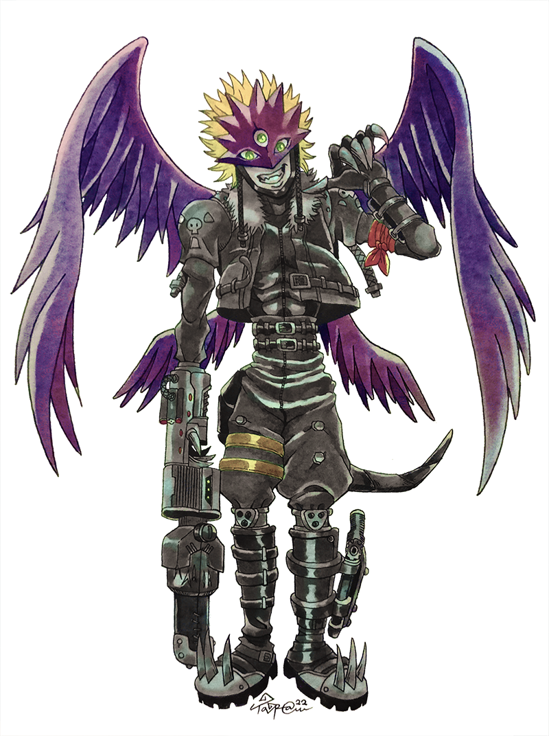 1boy ankle_gun arm_cannon arm_scarf bandana bandana_around_arm beelzebumon beelzebumon_blast_mode belt black_belt black_boots black_gloves black_jacket blonde_hair boots claws colored_skin commission cropped_jacket demon_boy digimon digimon_(creature) fake_claws feathered_wings feathers full_body fur-trimmed_jacket fur_trim gloves green_eyes grey_skin grin gun hand_up head_tilt jacket knee_boots knee_pads leather leather_pants leg_holster long_sleeves looking_at_viewer male_focus multiple_belts multiple_wings painting_(medium) pants pointing pointing_at_self purple_feathers purple_mask purple_wings red_bandana sharp_teeth short_hair simple_background smile solo spiked_boots standing steel-toe_boots tail taragraphika teeth third_eye thumbs_up traditional_media watercolor_(medium) weapon white_background wings zipper