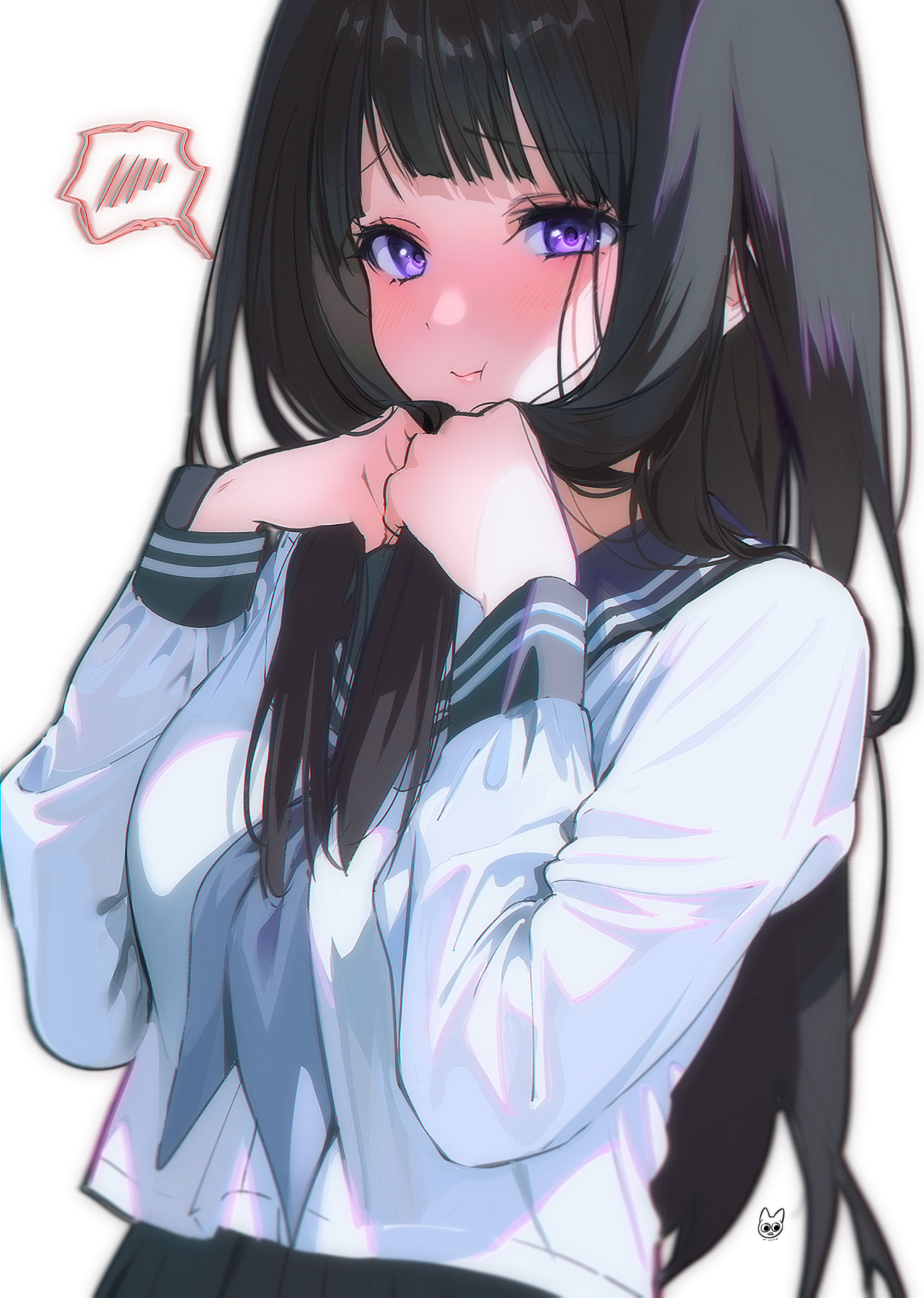 1girl :t artist_logo black_hair black_skirt blunt_bangs breasts chitanda_eru grey_neckerchief highres holding holding_own_hair hyouka kamiyama_high_school_uniform_(hyouka) logo long_hair long_sleeves looking_at_viewer medium_breasts mery_(yangmalgage) neckerchief pout purple_eyes school_uniform serafuku shirt simple_background skirt solo spoken_blush straight_hair very_long_hair white_background white_shirt