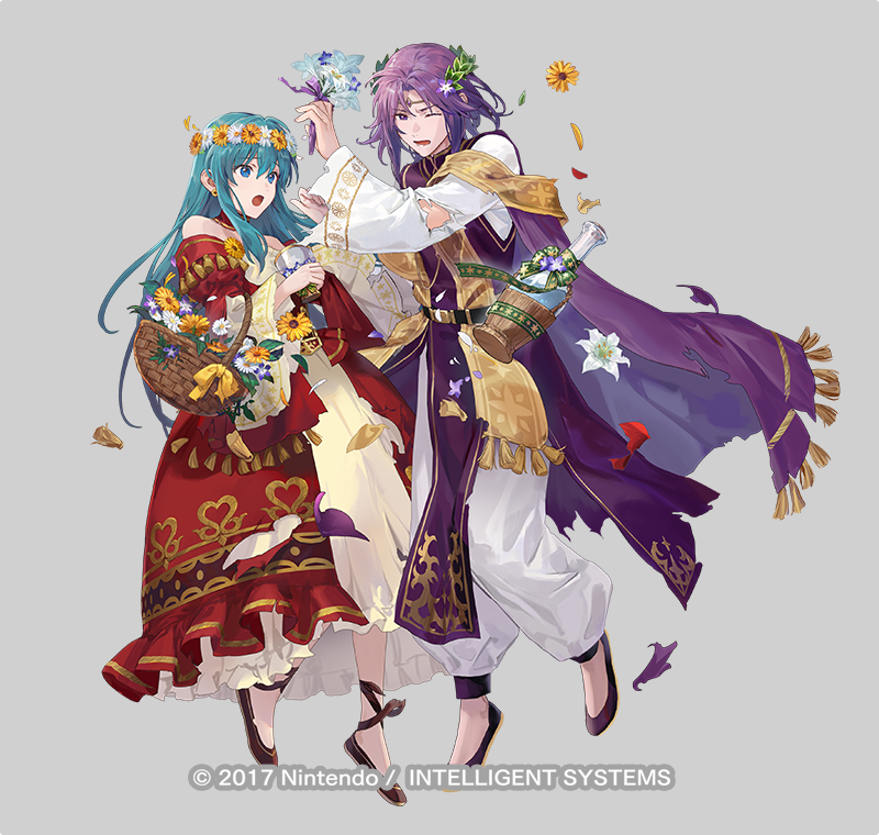 1boy 1girl aqua_hair azu-taro basket bottle breasts cape chalice circlet copyright_notice cup damaged dress eirika_(fire_emblem) eirika_(valentine)_(fire_emblem) elbow_carry fire_emblem fire_emblem:_the_sacred_stones fire_emblem_heroes flower_wreath grey_background head_wreath holding holding_basket holding_bottle juliet_sleeves long_sleeves lyon_(fire_emblem) lyon_(valentine)_(fire_emblem) medium_breasts medium_hair nintendo official_alternate_costume official_art puffy_sleeves purple_cape purple_hair purple_robe red_dress robe short_hair torn_cape torn_clothes wine_bottle