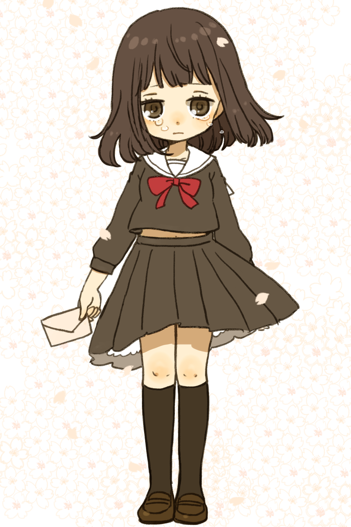 1girl black_skirt black_socks bow breasts brown_eyes brown_hair brown_shoes cherry_blossoms crying expressionless falling_petals floating_clothes floating_hair full_body highres holding holding_letter kneehighs letter loafers long_sleeves looking_at_viewer medium_hair midriff_peek original petals pink_petals red_bow sailor_collar school_uniform serafuku shoes skirt small_breasts socks solo yukke