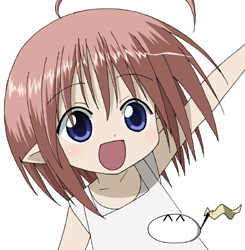1girl :d ahoge arm_up bad_source binzume_yousei blue_eyes collarbone commentary_request hair_between_eyes huge_ahoge kururu_(binzume_yousei) kururu_(bottle_fairy) lowres maso_(ascii_art) open_mouth pink_hair pointy_ears short_hair simple_background smile upper_body white_background