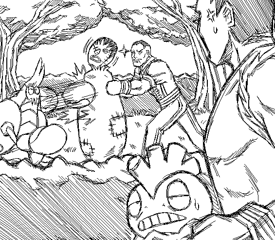 2boys anger_vein balrog_(street_fighter) boxing_gloves capcom crabrawler crossover drawfag dudley eye_contact gen_5_pokemon gen_7_pokemon greyscale looking_at_another male_focus monochrome motion_lines multiple_boys muscular nintendo non-web_source outdoors patch pokemon pokemon_(creature) punching punching_bag scrafty street_fighter sweatdrop tree