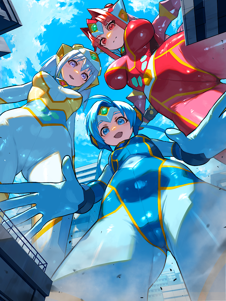 3girls ahoge blonde_hair blue_eyes blue_hair blue_sky bodysuit breasts building commentary from_below giant giantess highres koharuno_silk large_breasts long_hair looking_at_viewer looking_down moroboshi_tsubomi multiple_girls nikunopengin ootori_vivienne open_mouth outdoors red_eyes red_hair short_hair sky smile standing ultimate_girl yellow_eyes