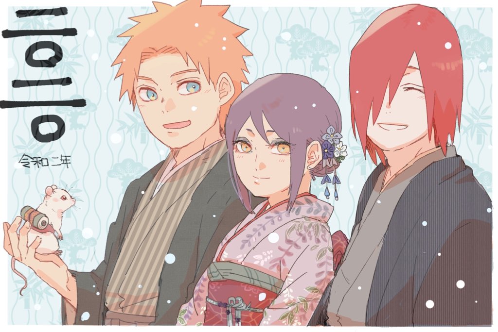 1girl 2boys alternate_hairstyle closed_eyes closed_mouth flower grin hair_flower hair_ornament japanese_clothes kimono konan_(naruto) meitarou mouse_(animal) multiple_boys nagato_(naruto) naruto_(series) naruto_shippuuden new_year orange_eyes purple_hair short_hair smile snow snowing yahiko_(naruto)
