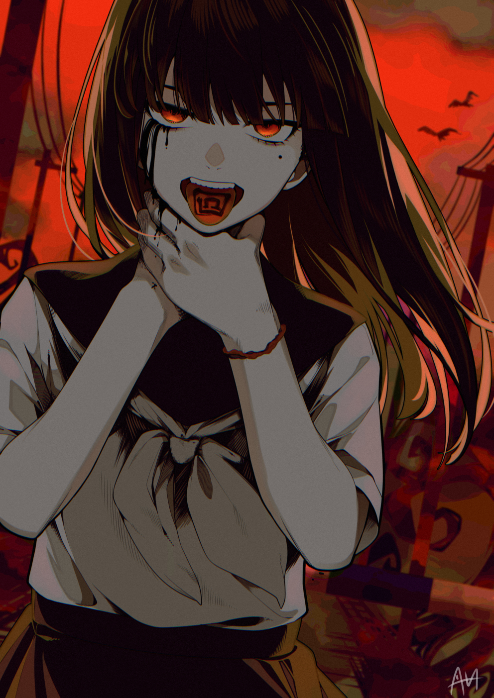 1girl black_sailor_collar blunt_bangs bracelet brown_hair hair_between_eyes highres jewelry liquid_from_eyes long_hair looking_at_viewer mole mole_under_eye neckerchief open_mouth pale_skin red_eyes red_sky rinne_(vocaloid) sailor_collar sato_(r017xts117) school_uniform serafuku shirt shirt_tucked_in skirt sky solo straight-on strangling teeth tongue tongue_out tongue_writing upper_teeth_only white_neckerchief white_shirt