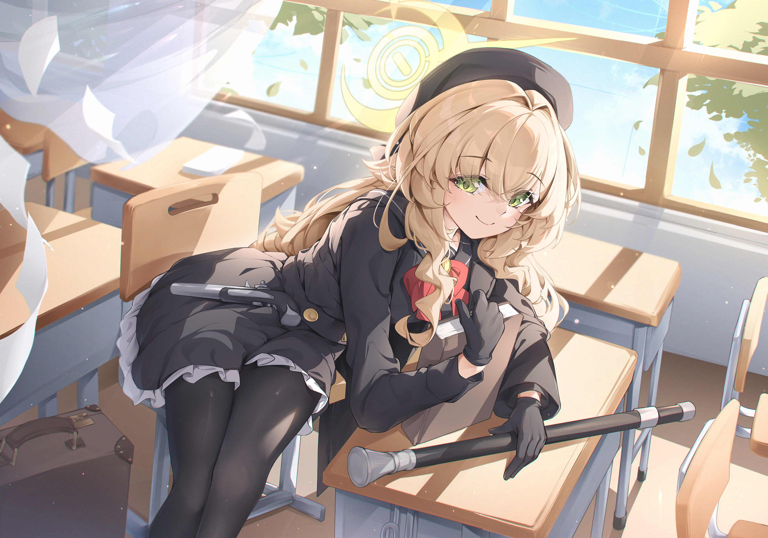 1girl antique_firearm beret black_gloves black_hat black_pantyhose black_sailor_collar black_serafuku blue_archive book bow bowtie desk firearm firelock flintlock fluffy_hair gloves green_eyes gun halo hat highres holding holding_book long_hair looking_at_viewer norimori pantyhose professor_niyaniya_(blue_archive) red_bow red_bowtie sailor_collar school_desk school_uniform serafuku side_ahoge sitting smile solo weapon yellow_halo