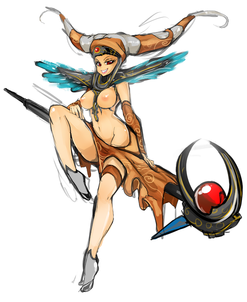 1girl animification bandora breastless_clothes breasts commentary detached_sleeves eyelashes female_focus forehead_jewel grin hat jester_cap kyouryuu_sentai_zyuranger large_breasts lips mighty_morphin_power_rangers navel nipples no_panties pear-shaped_figure power_rangers red_eyes shoulder_pads skirt slugbox smile socks solo super_sentai wand witch_bandora zyuranger