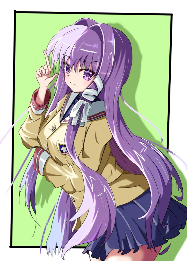1girl arm_under_breasts blue_skirt border breasts clannad closed_mouth fujibayashi_kyou hair_intakes hair_ribbon hikarizaka_private_high_school_uniform index_finger_raised jacket long_hair looking_at_viewer medium_breasts miniskirt pleated_skirt purple_eyes purple_hair ribbon sailor_collar school_uniform serafuku skirt smile solo tanishi_(hetianming11093) very_long_hair white_border yellow_jacket