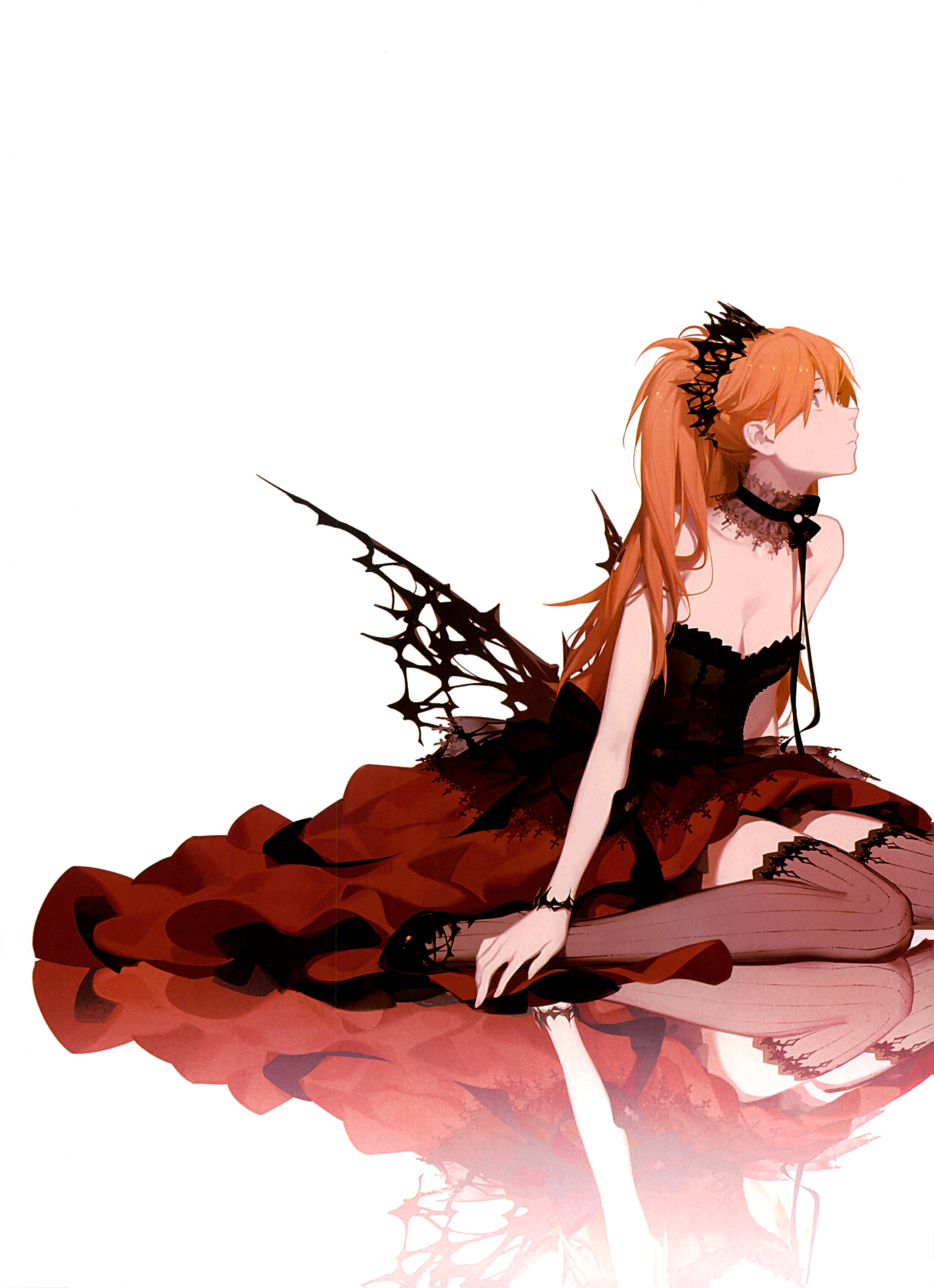 1girl absurdres ask_(askzy) blue_eyes choker crown dress highres long_hair neon_genesis_evangelion orange_hair red_dress reflection sitting socks solo souryuu_asuka_langley wariza