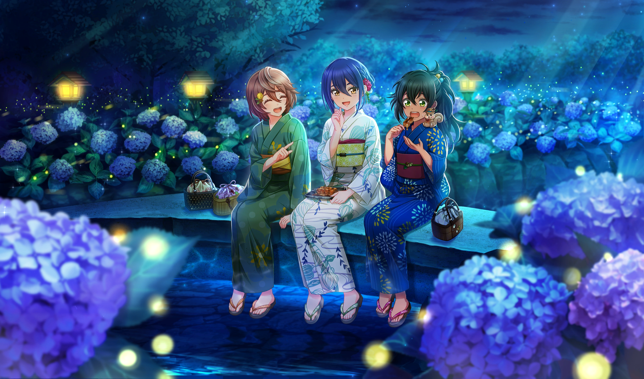 3girls :d ^_^ akino_komugi black_hair blue_hair blue_kimono blurry brown_hair bush cinderella_series closed_eyes dango dark_blue_hair depth_of_field eating fireflies floral_print floral_print_kimono flower food full_body game_cg green_eyes green_kimono hachigatsu_no_cinderella_nine hair_between_eyes hair_flower hair_ornament high_ponytail highres holding holding_food hydrangea japanese_clothes kimono light_particles light_rays looking_at_another mitarashi_dango multiple_girls night non-web_source obi official_alternate_hairstyle official_art open_mouth outdoors pointing pointing_at_another ponytail print_kimono purple_flower red_sash sakagami_mei sandals sash serizawa_musubi short_hair sitting smile teeth tree upper_teeth_only wagashi white_kimono yellow_eyes yukata zouri
