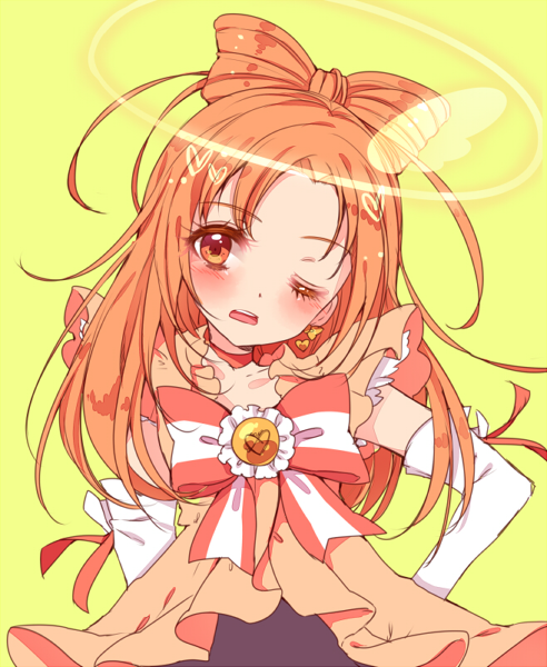 10s 1girl ;o blush bow bow-shaped_hair brooch choker cure_sunny cure_sunny_(princess_form) female_focus hair_bun halo hand_on_own_hip hino_akane_(smile_precure!) jewelry long_hair looking_at_viewer magical_girl matching_hair/eyes one_eye_closed orange_eyes orange_hair orange_theme precure single_hair_bun smile_precure! solo striped_bow upper_body uzuki_aki yellow_background