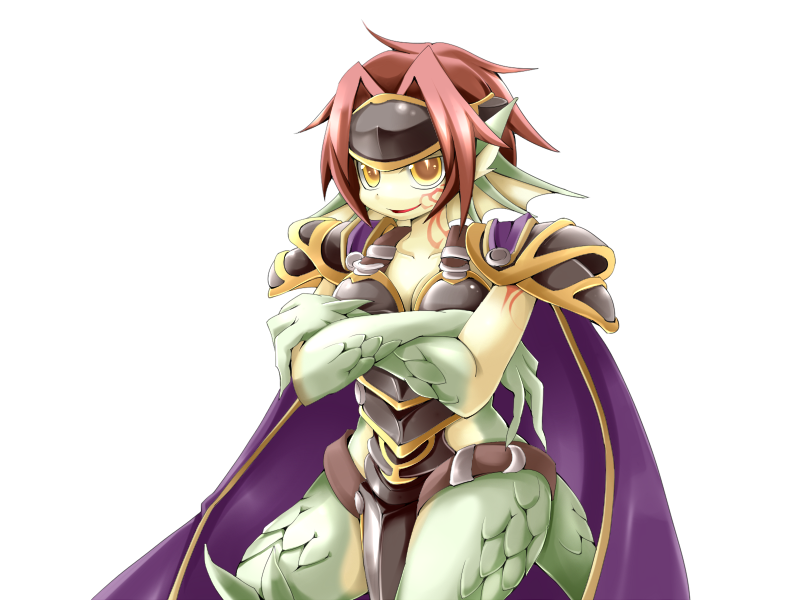 1girl animal_ears arm_tattoo armor black_armor bmp-to-png_conversion breasts cape cleavage colored_skin cowboy_shot crossed_arms dragon_ears dragon_girl dragon_tail facial_tattoo fins forehead_protector frfr game_cg granberia green_skin hair_intakes half-closed_eye head_fins looking_at_viewer medium_breasts mon-musu_quest! monster_girl multicolored_skin neck_tattoo non-web_source parted_lips pointy_ears purple_cape red_hair scales short_hair shoulder_armor simple_background smile solo tail tattoo transparent_background two-tone_skin wide_hips yellow_eyes yellow_skin