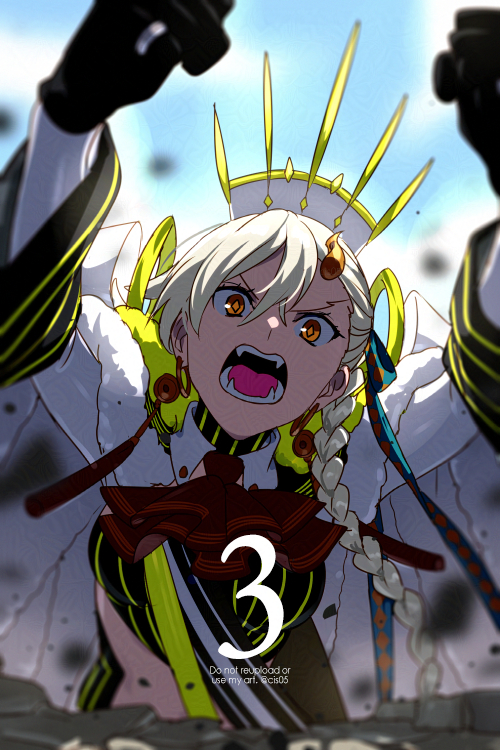1girl arms_up ascot asymmetrical_bangs black_bra black_cape black_gloves bra braid breasts cape e-grand_marie earrings echo_(circa) fate/grand_order fate_(series) fur-trimmed_cape fur_trim giant giantess gloves hair_ribbon horns jewelry long_hair long_sleeves looking_at_viewer medium_breasts olga_marie_animusphere open_mouth orange_eyes ribbon ring sash shrug_(clothing) side_braid solo u-olga_marie underwear very_long_hair white_hair wing_collar