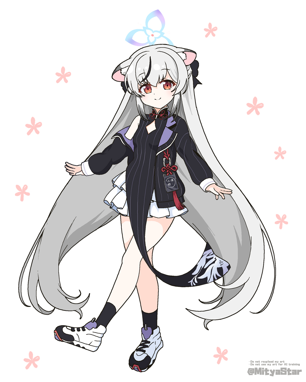 1girl animal_ear_fluff animal_ears bare_shoulders black_dress black_hair black_jacket black_socks blue_archive blush breasts cleavage_cutout closed_mouth clothing_cutout commentary_request dress english_text floral_print full_body grey_hair halo highres jacket kokona_(blue_archive) layered_skirt long_hair long_sleeves looking_at_viewer mitya multicolored_hair off_shoulder open_clothes open_jacket pelvic_curtain pinstripe_dress pinstripe_pattern pleated_skirt puffy_long_sleeves puffy_sleeves red_eyes shoes simple_background skirt small_breasts smile socks solo streaked_hair twitter_username very_long_hair walking watermark white_background white_shoes white_skirt