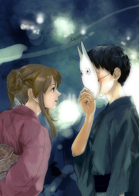 1980s_(style) 1boy 1girl black_hair blue_eyes blush brown_hair fox_mask ikari_shinji japanese_clothes kimono lights mask neon_genesis_evangelion niko_(silent.whitesnow) retro_artstyle profile retro_artstyle smile souryuu_asuka_langley summer_festival tonari_no_totoro