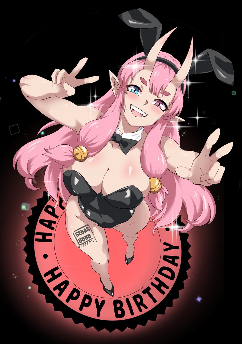 1girl animal_ears artist_name bare_arms bare_legs bare_shoulders black_bow black_bowtie black_leotard blue_eyes blush bow bowtie breasts cleavage collar demon_girl detached_collar double_v fake_animal_ears fangs female_focus from_above full_body hands_up happy heterochromia high_heels highres horns indie_virtual_youtuber large_breasts leotard long_hair looking_at_viewer looking_up muse_ts oni oni_horns open_mouth patreon_username pink_eyes pink_hair playboy_bunny pointy_ears rabbit_ears sebasdono sidelocks smile solo standing teeth thick_eyebrows thighs upper_teeth_only v virtual_youtuber white_collar