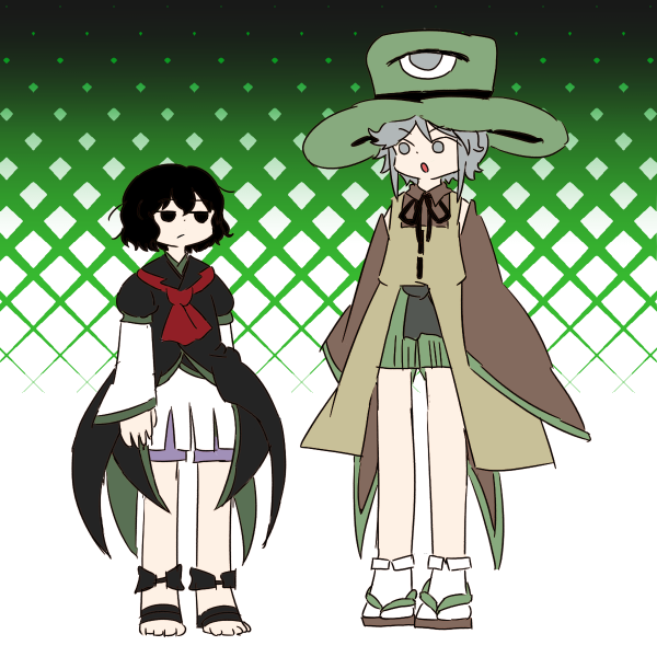 2others :o adapted_costume androgynous ascot bare_shoulders black_coat black_eyes black_footwear black_hair black_ribbon brown_coat brown_footwear brown_shirt brown_sleeves chikafumikou closed_mouth coat coattails collared_shirt collared_socks commentary_request cosplay costume_switch detached_sleeves dot_nose enraku_tsubakura expressionless eye_of_senri flat_color full_body green_background green_hakama green_hat grey_eyes grey_hair hair_between_eyes hakama hakama_short_skirt hakama_skirt hat height_difference houlen_yabusame japanese_clothes layered_sleeves len&#039;en long_sleeves looking_at_another multiple_others neck_ribbon open_mouth other_focus puffy_short_sleeves puffy_sleeves red_ascot ribbon ribbon-trimmed_coat ribbon_trim sandals shirt short_hair short_over_long_sleeves short_sleeves shorts skirt sleeveless sleeveless_coat sleeveless_shirt sleeves_past_fingers sleeves_past_wrists socks standing tabi toes top_hat two-sided_fabric two-sided_headwear two-tone_background very_short_hair white_background white_shirt white_shorts white_socks wide_sleeves zouri
