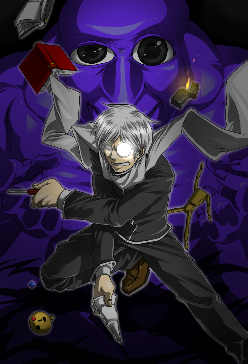 1boy ao_oni black_eyes book doll grey_hair highres hiroshi_(ao_oni) lighter looking_at_viewer scarf screwdriver simple_background swept_bangs tanotsuku_daisuke the_oni_(ao_oni)