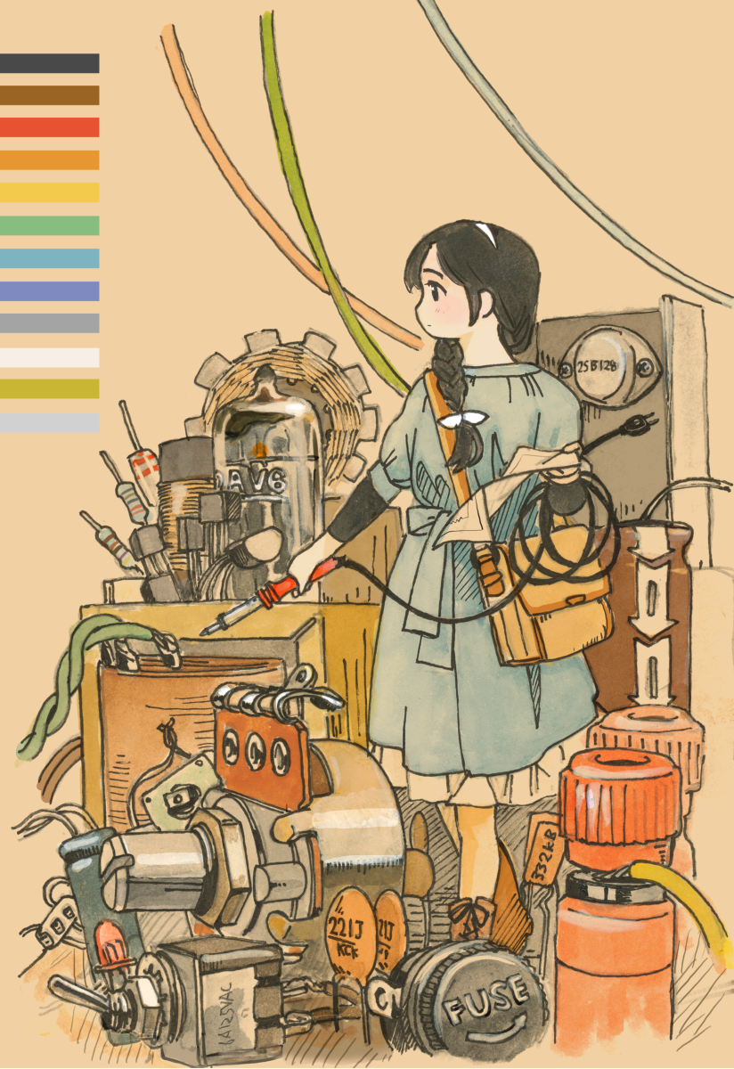 1girl akai_sashimi bag black_eyes black_hair blue_dress braid cable capacitor dress electronics_engineering female_focus hairband highres long_hair original oversized_object profile resistor shoulder_bag simple_background single_braid soldering_iron solo tumbler vacuum_tube