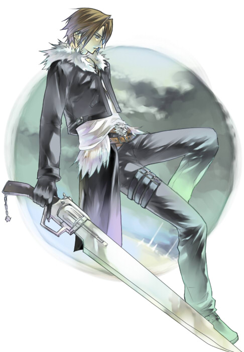 1boy belt black_belt black_footwear black_gloves black_jacket black_pants blue_eyes brown_belt brown_hair cloud cloudy_sky commentary_request cropped_jacket dated_commentary dissidia_final_fantasy expressionless final_fantasy final_fantasy_viii floating from_side full_body fur-trimmed_jacket fur_trim gloves green_sky gunblade hinokami holding holding_weapon jacket knee_up long_sleeves looking_down male_focus multiple_belts open_clothes open_jacket pants scar scar_on_face shirt short_hair sky solo squall_leonhart studded_belt thigh_strap waist_cape weapon white_fur white_shirt