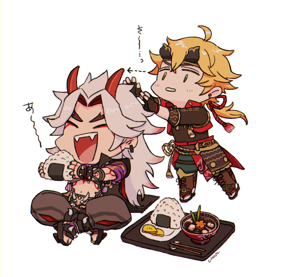 2boys :d ahoge aiguillette arataki_itto armor arrow_(symbol) artist_name belt black_coat black_footwear black_gloves black_nails black_shirt blonde_hair blue_pants blush bodypaint bowl bracelet brown_belt carrot carrot_slice chibi chopstick_rest chopsticks closed_eyes coat colored_inner_hair commentary_request crop_top cropped_jacket crossed_bangs earrings eyeshadow facepaint fake_horns fangs fingerless_gloves fingernails food genshin_impact gloves green_eyes grey_pants hair_between_eyes hands_up headband holding holding_food horned_headwear horns jacket jewelry long_hair low_ponytail makeup male_focus multicolored_hair multiple_boys nail_polish navel oni onigiri open_clothes open_coat open_jacket open_mouth pants parted_bangs plate ponytail purple_shirt red_eyeshadow red_hair red_horns red_jacket rope sandals shirt short_sleeves signature simple_background sitting sleeveless sleeveless_coat smile spiked_bracelet spikes standing stomach streaked_hair stud_earrings takuan tassel teeth thigh_strap thoma_(genshin_impact) toenail_polish toenails tray upper_teeth_only v-shaped_eyebrows west_(west24_draw) white_background white_hair zouni_soup