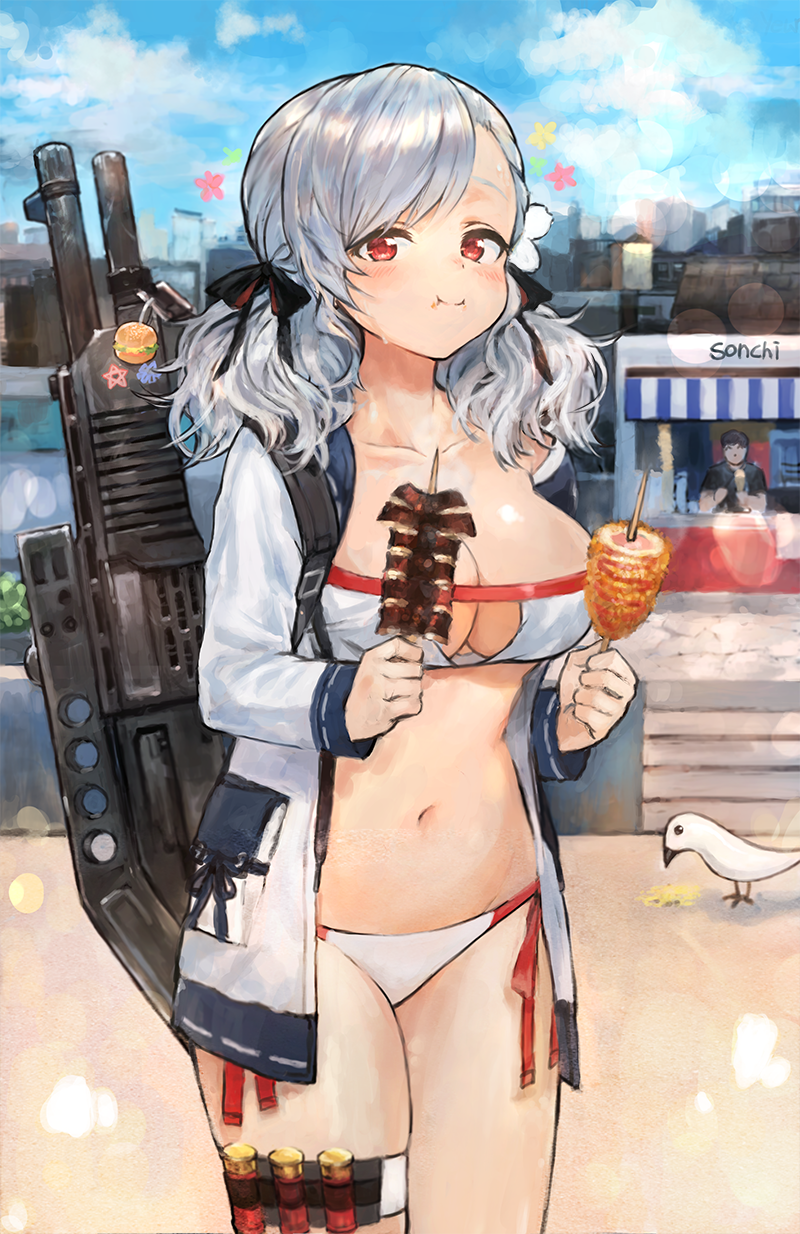 12-gauge 12-gauge_(2_3/4_inch_shell) 1girl ammunition bikini bird black_ribbon blue_sky blush breasts cityscape cleavage cloud collarbone day dual-mode_shotgun eating flower food food_stand franchi full_mouth girls&#039;_frontline gun gun_on_back hair_flower hair_ornament hair_ribbon highres holding holding_food jacket large_breasts long_hair looking_at_viewer navel official_alternate_costume open_clothes open_jacket outdoors pump-action_shotgun pump_action red_eyes ribbon semi-automatic_shotgun shiny_skin shotgun shotgun_shell signature silver_hair sky smile sonchi spas-12 spas-12_(girls&#039;_frontline) spas-12_(midsummer_fruit)_(girls&#039;_frontline) stomach sweatdrop swimsuit thigh_strap twintails weapon weapon_on_back white_bikini