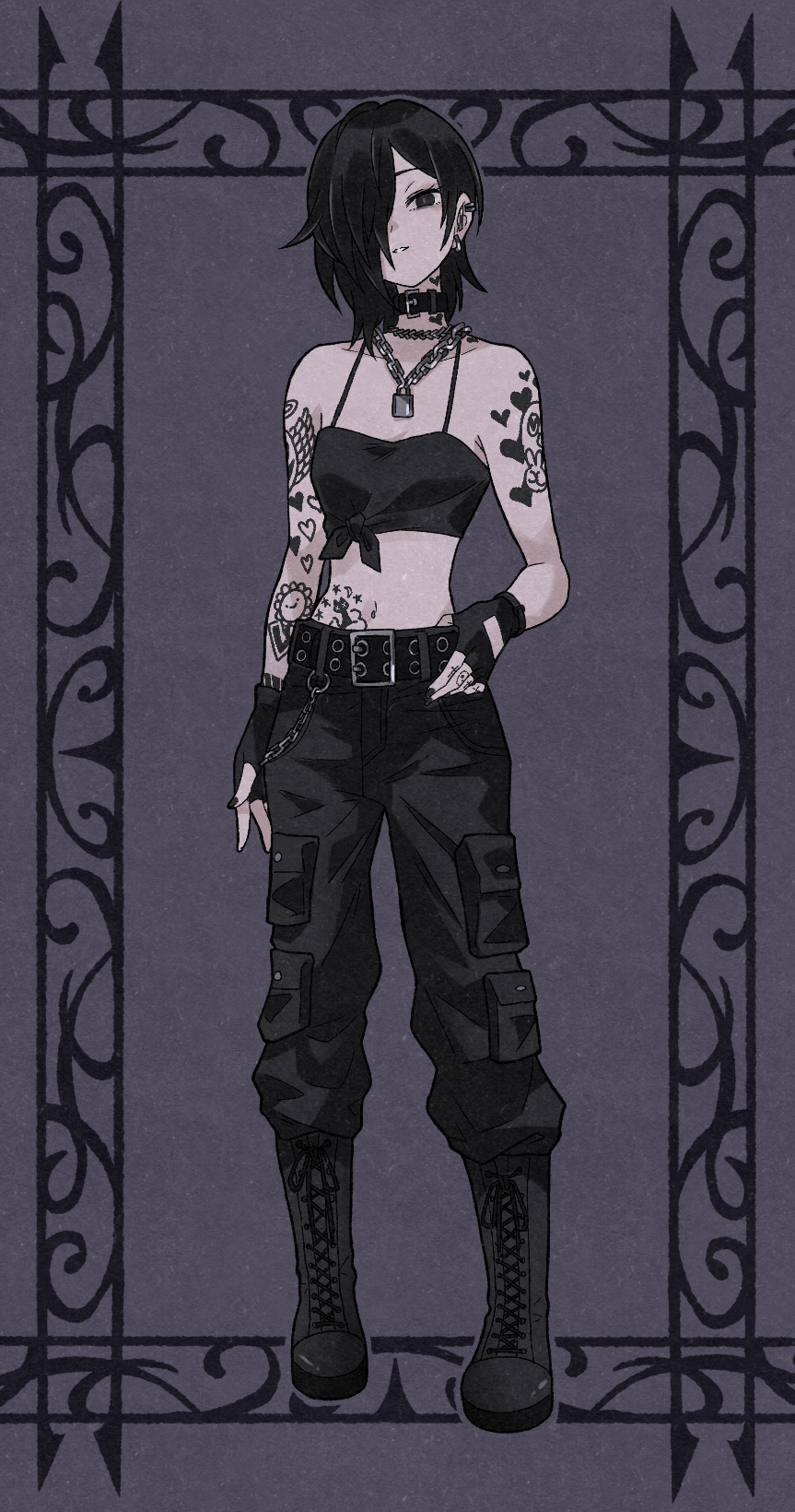 1girl arm_tattoo bare_shoulders belt black_belt black_boots black_choker black_eyes black_gloves black_hair black_nails black_pants boots chain chain_necklace choker crop_top fingerless_gloves full_body gloves goth_fashion hair_over_one_eye hand_on_belt highres jewelry judy_(sushi_pizza_rrr) lace-up_boots medium_hair midriff nail_polish navel necklace original pants smile solo standing stomach_tattoo sushi_pizza_rrr tattoo