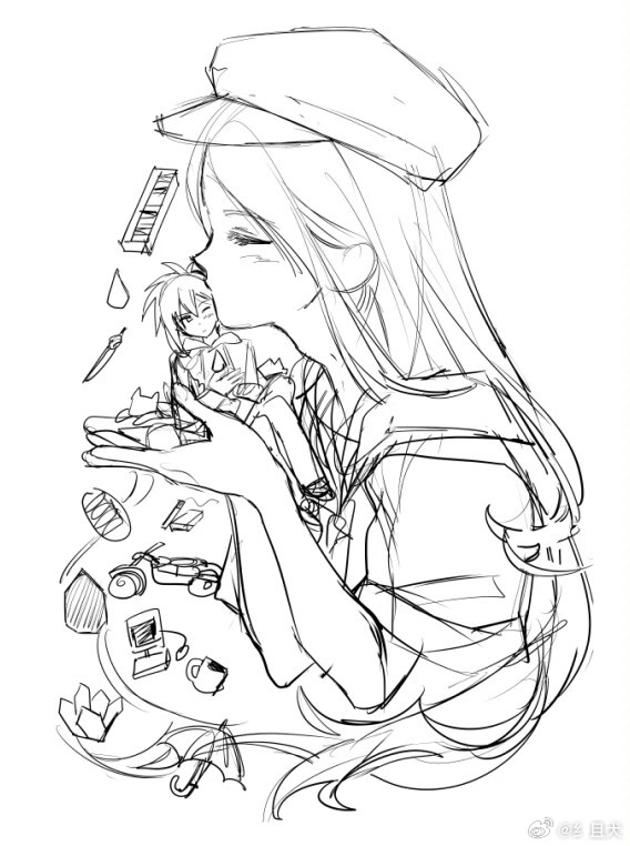 1boy 1girl ;o bare_legs bicycle bread cabbie_hat cat closed_eyes computer_mouse cropped_torso crystal food from_side greyscale hat hetero hood hood_down hooded_shirt instrument light_blush long_hair messy_hair mini_person miniboy monitor monochrome necktie notepad one_eye_closed original parted_lips pencil pointy_nose seika_(osbuzr) shoes short_hair short_sleeves simple_background sitting size_difference sketch sneakers sword umbrella very_long_hair water_drop watermark weapon weibo_watermark white_background xylophone