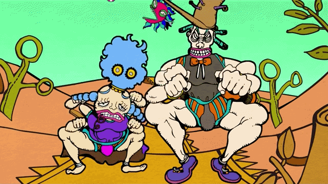 2boys animated blue_hair boingo brothers hat jojo_no_kimyou_na_bouken money multiple_boys oingo underwear what