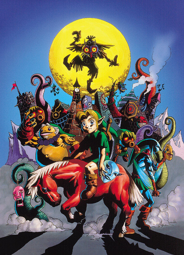 1boy blonde_hair blue_eyes boots deku_link deku_mask deku_scrub epona epona_(legend_of_zelda) full_moon goron goron_link goron_mask link majora_(entity) mask mikau moon nintendo official_art pointy_ears skull_kid sword the_legend_of_zelda the_legend_of_zelda:_majora&#039;s_mask weapon young_link zora zora_link zora_mask