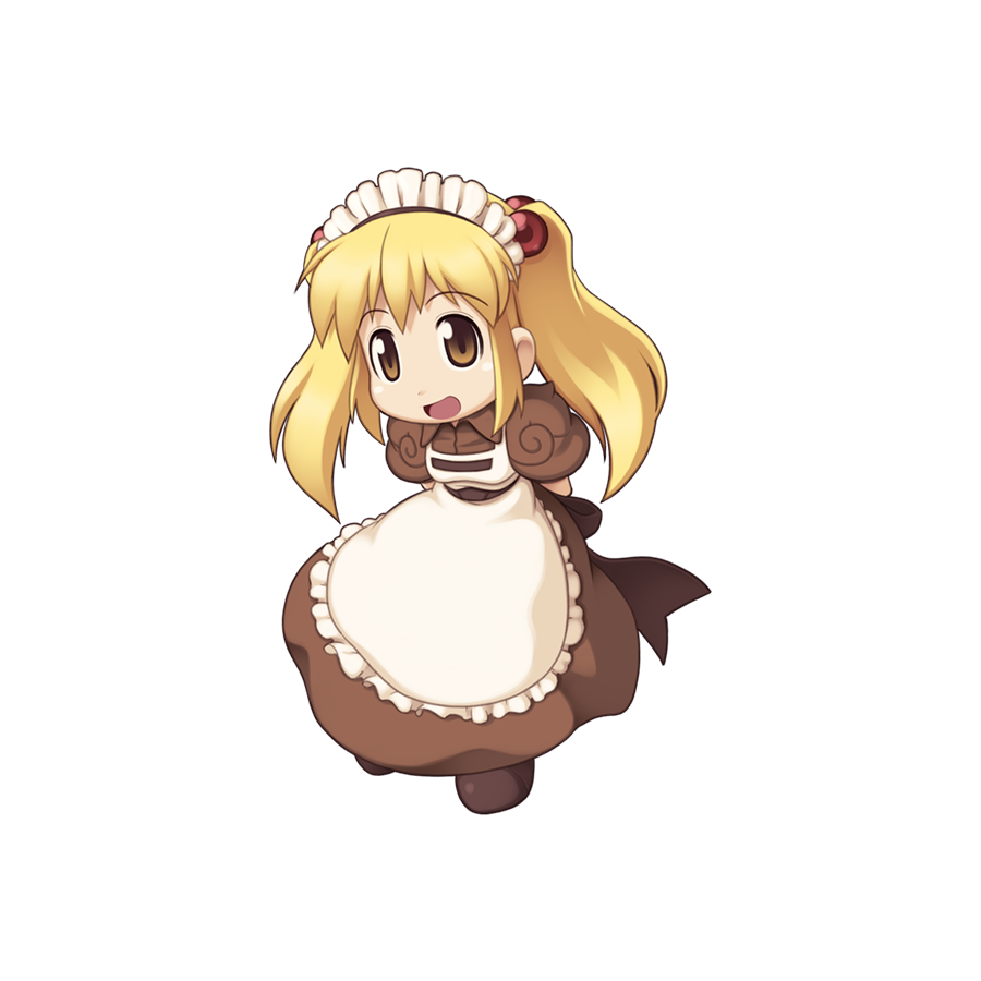 1girl apron arms_behind_back blonde_hair brown_dress brown_eyes brown_sash brown_shoes chibi chibi_only collared_dress curly_sue dress frilled_apron frills full_body hair_bobbles hair_ornament kafra_uniform leaning_forward long_hair looking_at_viewer maid maid_headdress official_art open_mouth puffy_short_sleeves puffy_sleeves ragnarok_online shoes short_sleeves simple_background smile solo transparent_background twintails white_apron yuichirou