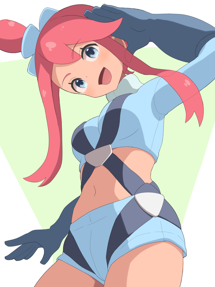 1girl :d blue_eyes blue_jacket blue_shorts commentary_request cropped_jacket eyelashes game_freak gloves hair_ornament hand_up hiyoshipow jacket looking_at_viewer looking_down nintendo one_side_up open_mouth pink_hair pokemon pokemon_bw short_shorts shorts sidelocks skyla_(pokemon) smile solo tongue