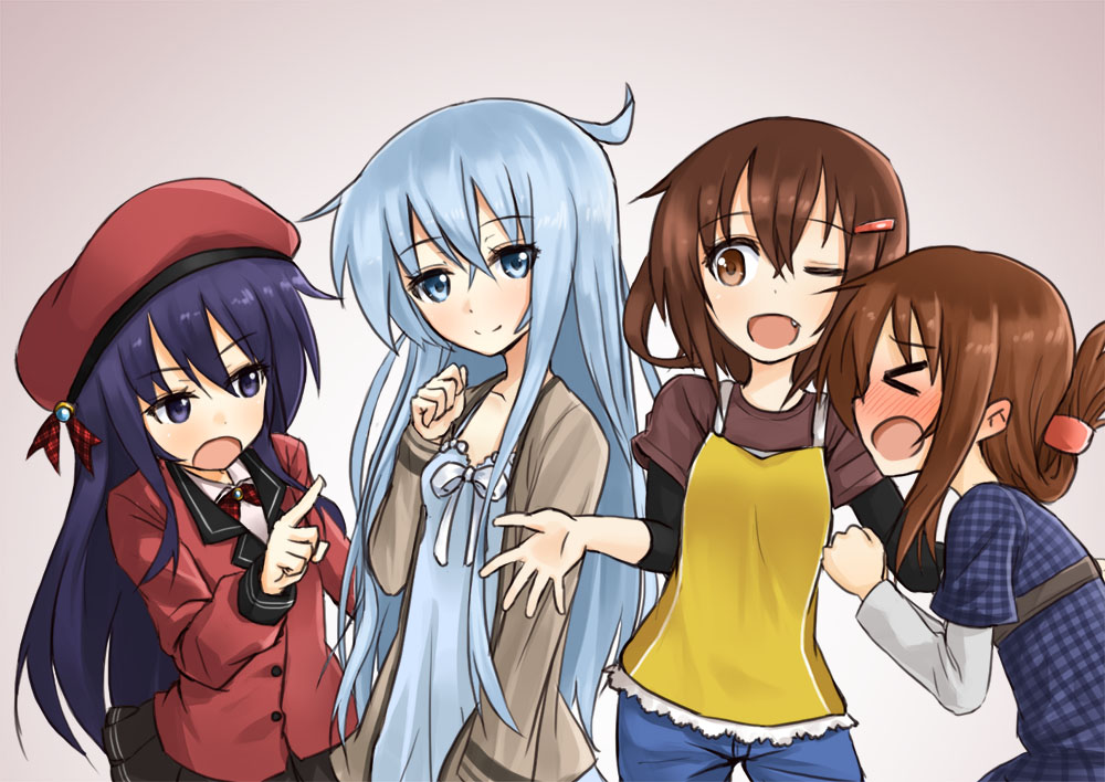 &gt;_&lt; 10s 4girls akatsuki_(kancolle) alternate_costume aqua_eyes aqua_hair bad_id bad_pixiv_id beret black_skirt blush brown_eyes brown_hair camisole camisole_over_clothes casual coat denim denim_shorts dress closed_eyes fang folded_ponytail hair_ornament hairclip hat hibiki_(kancolle) ikazuchi_(kancolle) inazuma_(kancolle) kantai_collection long_hair looking_at_viewer multiple_girls one_eye_closed open_mouth pleated_skirt purple_eyes purple_hair short_hair shorts silent_sakia skirt smile