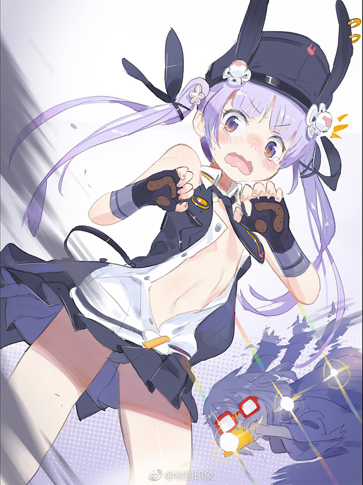 2girls afterimage animal_ears bare_shoulders black_gloves black_necktie black_ribbon black_skirt black_vest blush camera_flash chinese_commentary commentary_request cosplay cowboy_shot d: embarrassed fake_animal_ears female_pervert fingerless_gloves flat_chest girls&#039;_frontline glasses gloves hair_ribbon hands_up hat hat_with_ears hazuki_shizuku heavy_lens_flare lens_flare long_hair looking_at_viewer motion_blur multiple_girls navel necktie new_game! notice_lines open_clothes open_mouth open_shirt open_vest pandegg panties pantyshot pervert pleated_skirt purple_background purple_eyes purple_hair rabbit_ears red-framed_eyewear ribbon shirt simple_background skirt sleeveless sleeveless_shirt solo_focus sr-3mp_(girls&#039;_frontline) sr-3mp_(girls&#039;_frontline)_(cosplay) suzukaze_aoba taking_picture twintails two-tone_background unbuttoned unbuttoned_shirt underwear v-shaped_eyebrows very_long_hair vest watermark wavy_mouth weibo_watermark white_background white_panties white_shirt wing_collar