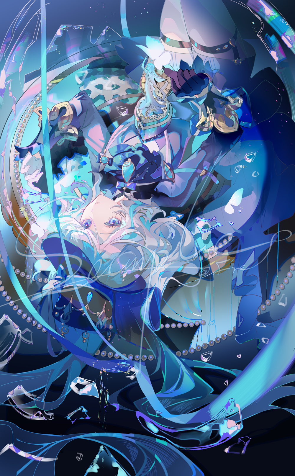 1girl asymmetrical_gloves black_background black_gloves black_hat blue_background blue_coat blue_eyes blue_hair blue_ribbon blue_shorts brooch coat commentary_request feet_out_of_frame fre_(haochilanzuo) furina_(genshin_impact) genshin_impact gloves gradient_background hat heterochromia highres jewelry mismatched_gloves music_box pantyhose pantyhose_under_shorts ribbon sample_watermark shorts thigh_strap thighhighs top_hat upside-down watermark white_gloves white_hair white_pantyhose