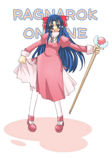 1girl 2000s_(style) alternate_color blue_eyes blue_hair bow commentary_request copyright_name curtsey dress full_body hair_bow holding holding_staff jewelry juliet_sleeves long_hair long_sleeves looking_at_viewer nayuruonline necklace open_mouth pantyhose pink_dress pink_shoes priest_(ragnarok_online) puffy_sleeves ragnarok_online red_bow shoes simple_background smile solo staff white_background white_pantyhose