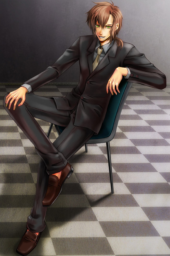 00s 1boy ali_al-saachez bad_id bad_pixiv_id black_suit blue_shirt checkered_floor formal_clothes green_eyes green_necktie grin gundam gundam_00 loafers male_focus necktie red_hair shirt shoes sitting smile solo suit